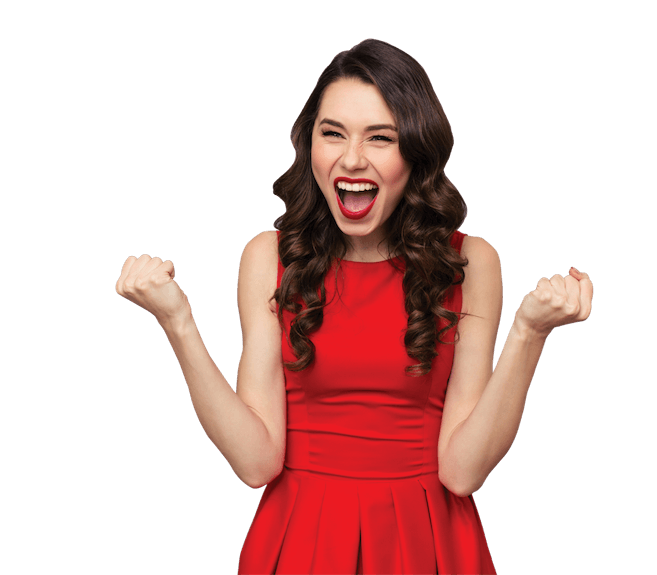 Girl in red dress excited - kintone partner