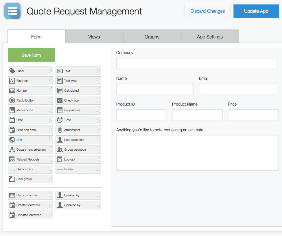 Quote Request Management App Form Settings