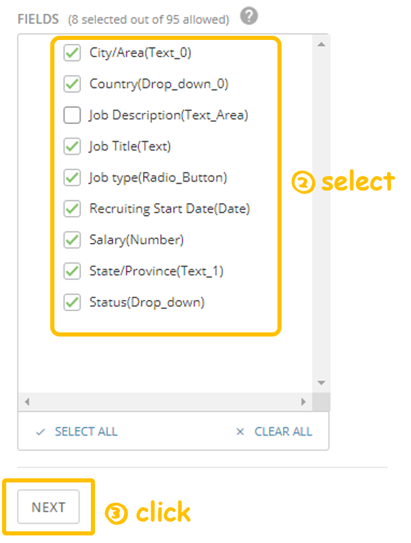 Screenshot of choosing which fields to pull in from Kintone - Kintone add-on: Domo App