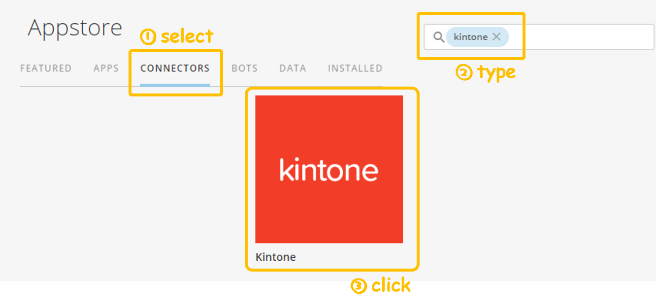 Screenshot showing how to search for the Kintone connector in Domo's Appstore - Kintone add-on: Domo App, Domo connnectors