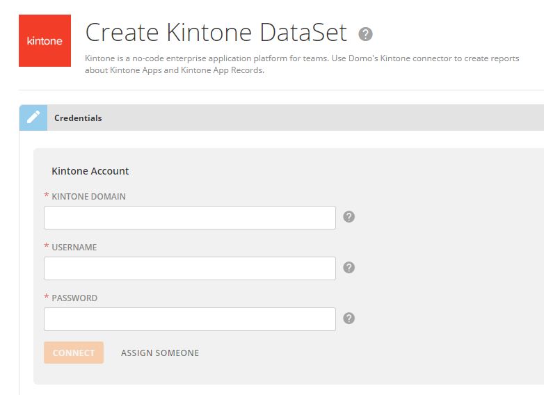 Screenshot showing an empty credentials page - Kintone add-on: Domo App