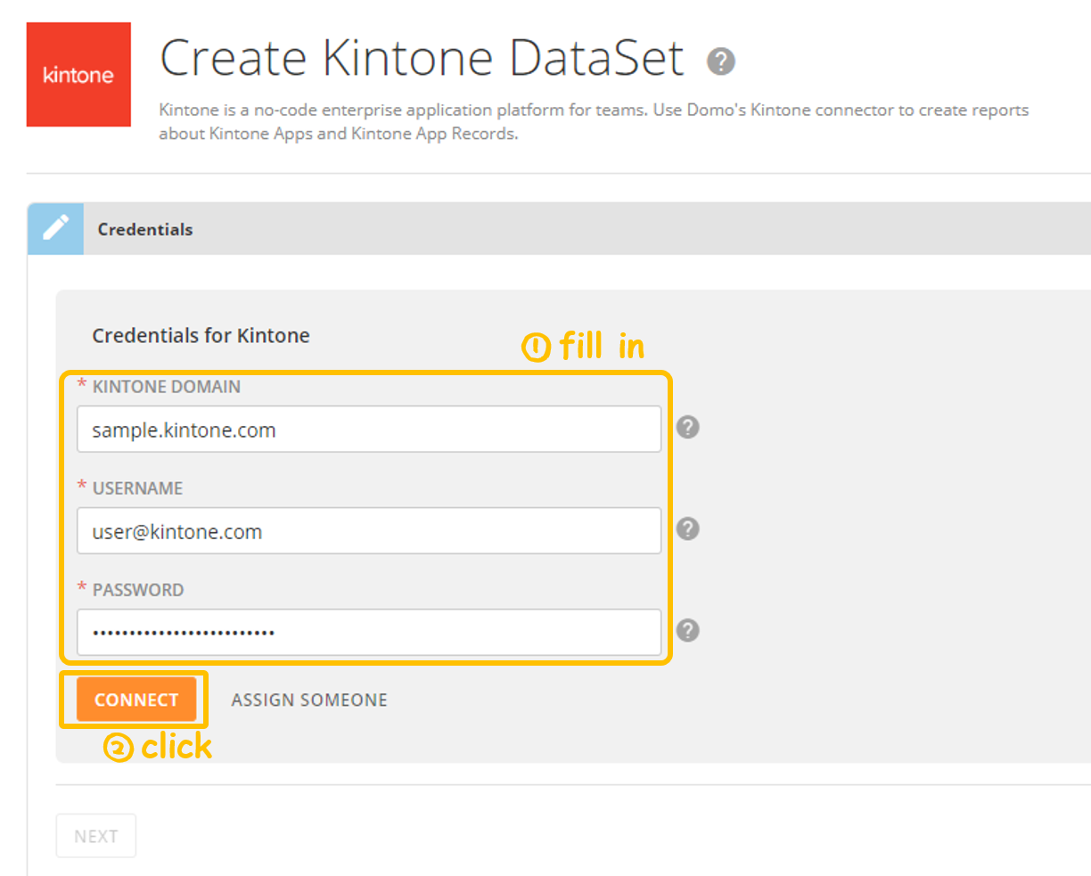 Screenshot showing credential page filled in -Kintone add-on: Domo App